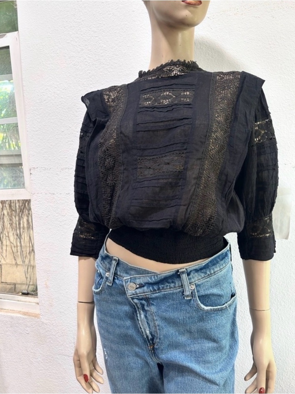 Free people Black Lace-Panel Cropped Blouse